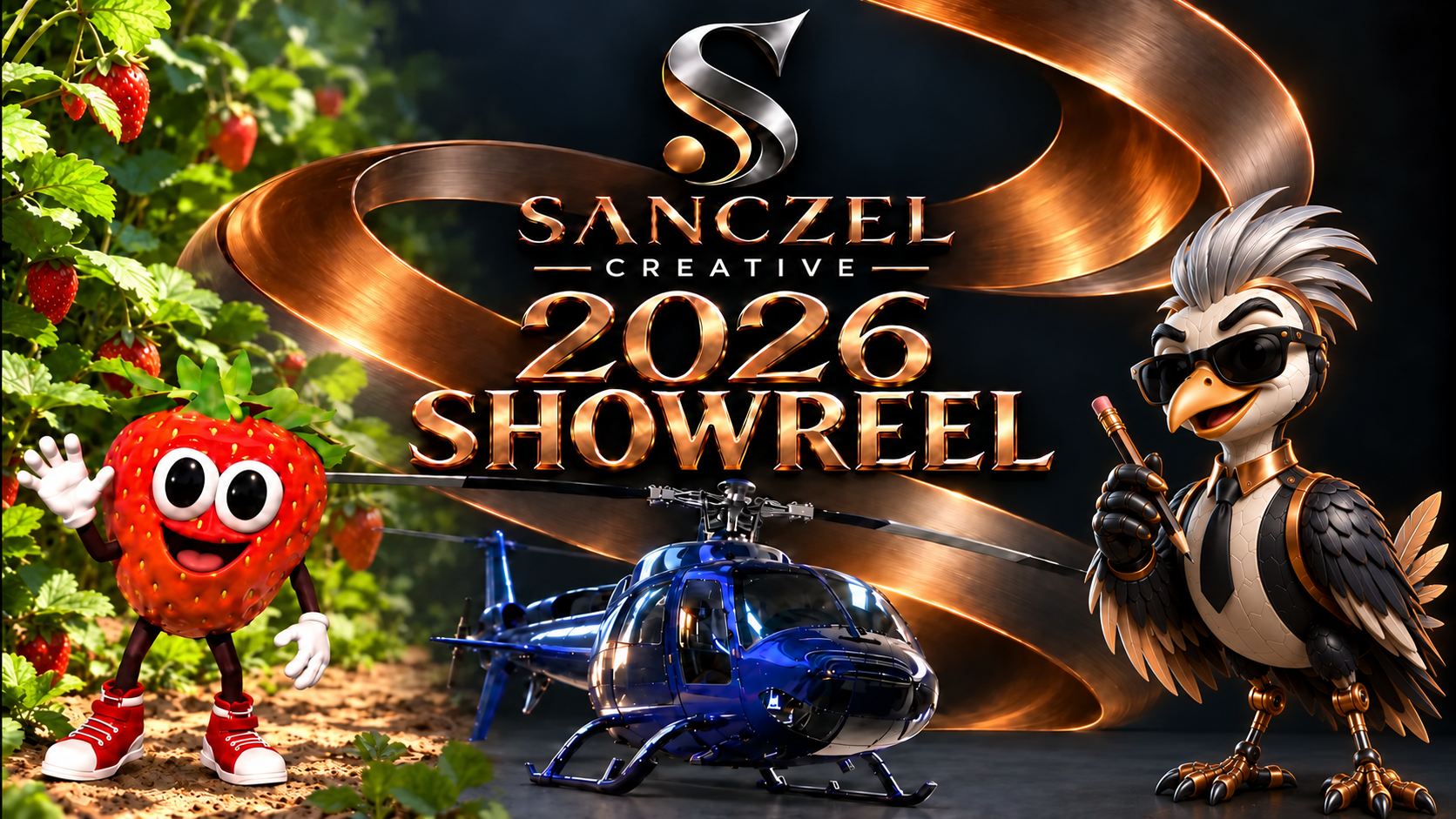 Sanczel Creative 2026 Showreel with Jammer, a blue helicopter and the bird mascot against copper ribbons