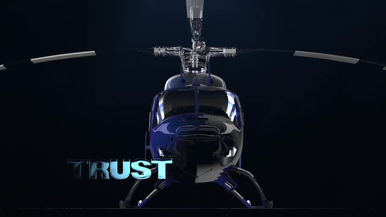 A glossy helicopter in a cinematic blue-lit scene